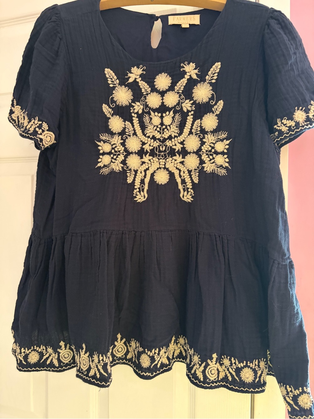 Navy Embroidered Peasant Blouse - Navy & Cream